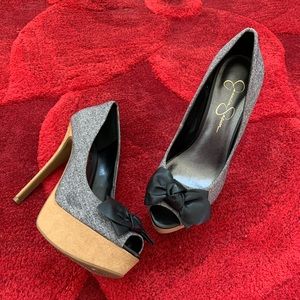 Grey Canvas Heels Cute Black Bows Jessica Simpson
